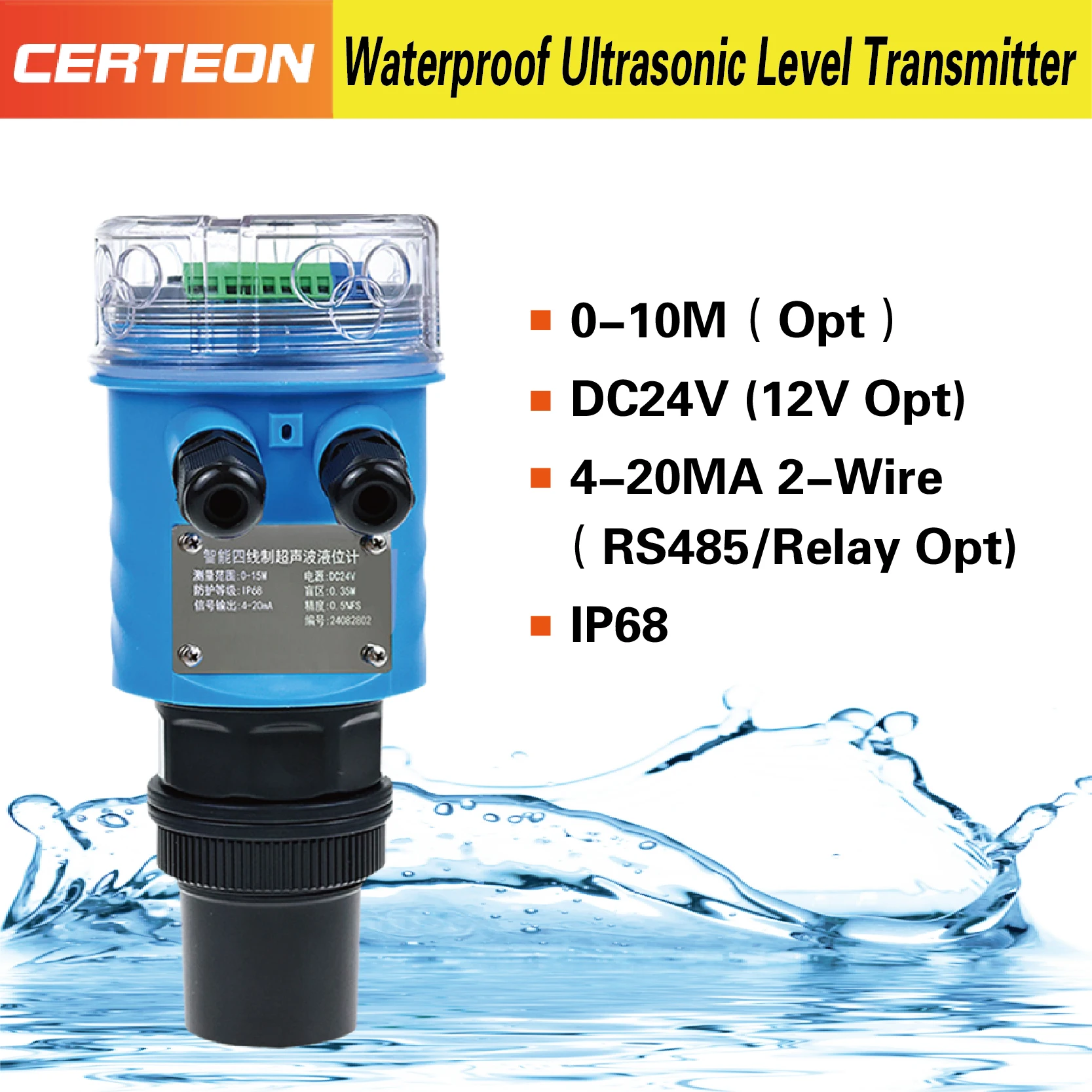 Ultrasonic Level Sensor IP68 Waterproof Liquid Level Transmitter 4-20mA Digital Water Tank Indicator Sewage Measurement