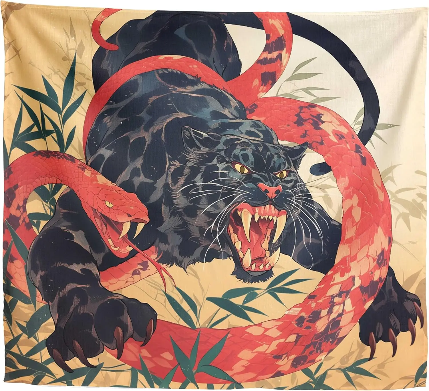 Japanese Style Black Panther and Red Snake Tapestry for Men – Fierce Old School Tattoo Wall Art, Vintage Asian Bamboo Jungle