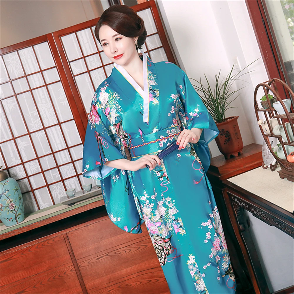 Traditional Japanese Satin Kimono Bathrobe With Obi Women Floral Print Nightgown Yukata Novelty Gown Bridal Homewear Sleepwear