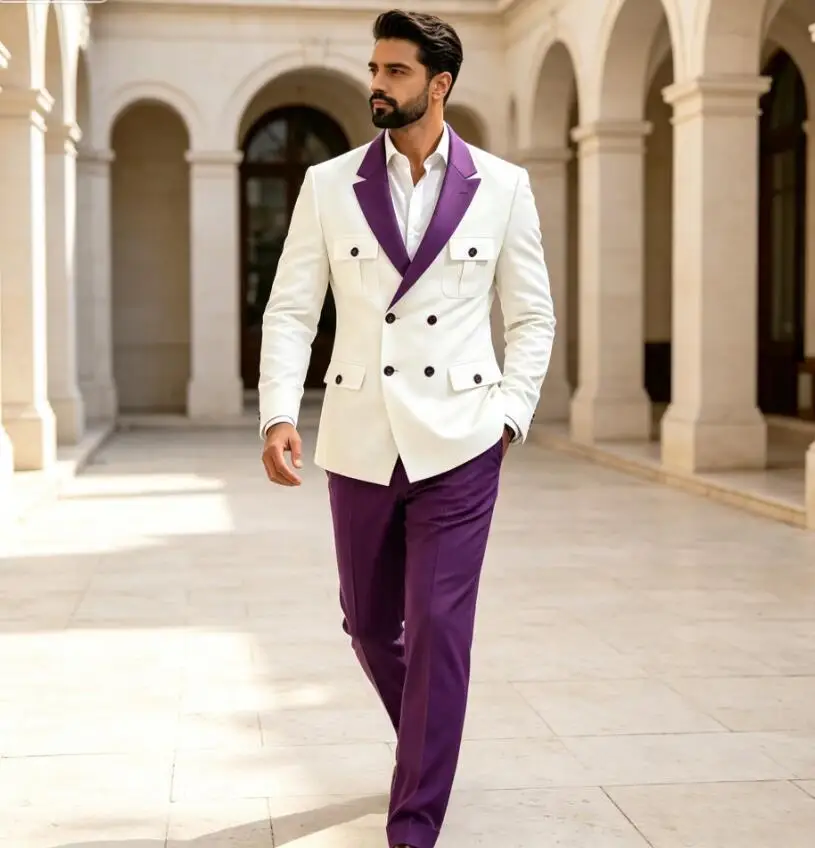 Double Breasted 2 Piece Sets Suits for Men Wedding Tuxedo with Pockets Slim Fit Formal Blazer with Pants Guest Prom Party Suit