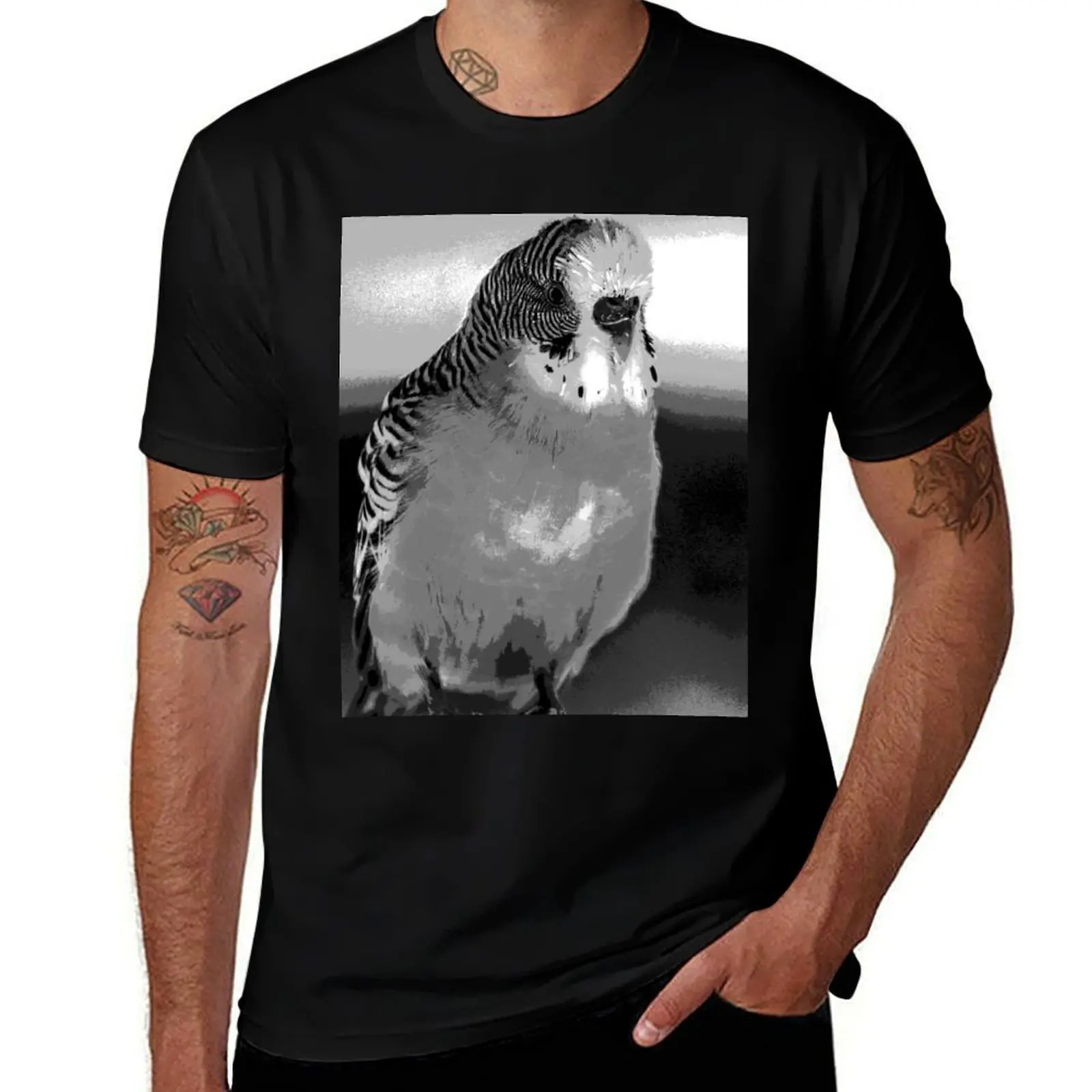 

Black and White Budgie Photograph T-Shirt luxury t-shirt Aesthetic clothing heavyweights mens shirts graphic tee