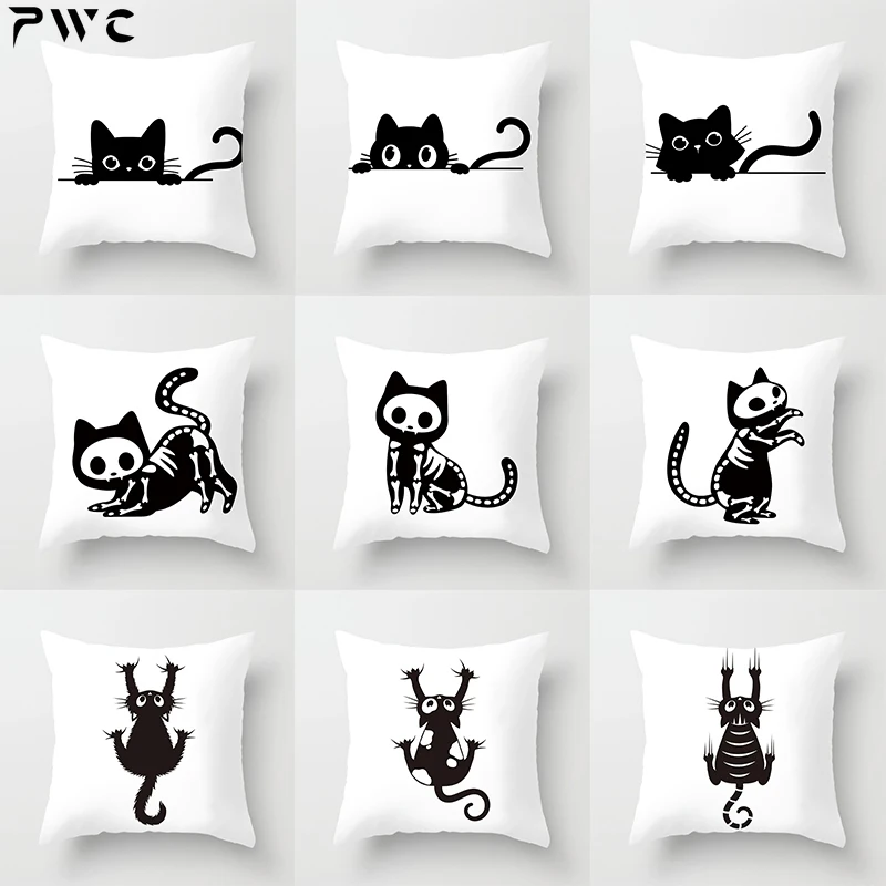 

Skull Cat Black Home Decor Cushion Cover Naughty Sofa Car Decoration 45x45cm Pillowcase Square Polyester