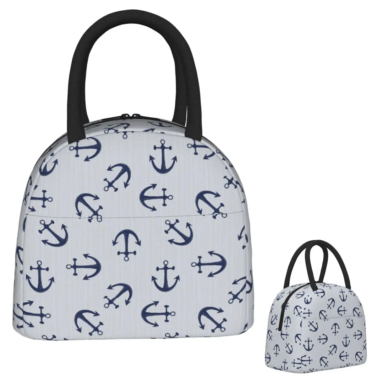 

Maritime Pattern Of Blue Anchors On Light Gray Insulated Lunch Bag for Women Children Portable Food Boxes Thermal Lunch Box Tote