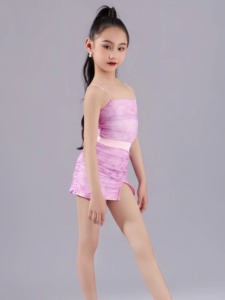 op maat gemaakte dames volwassen meisjes Latin danskostuum high-end gevoel praktijk outfit roze jarretel set prestaties franje jurk