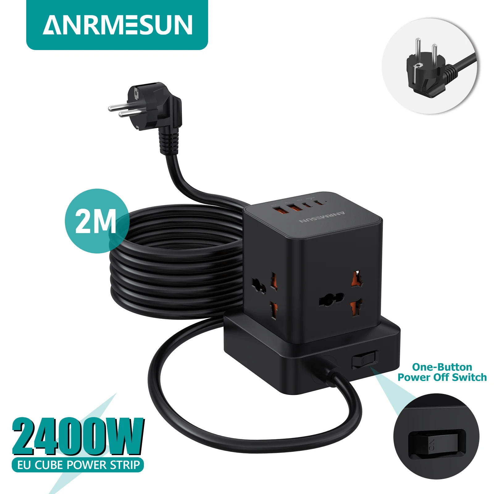 

Tower Power Strip EU Plug Surge Protection 2 USB 2 Type C PD 20W Fast Charging Universal Multi Outlets Socket Extension