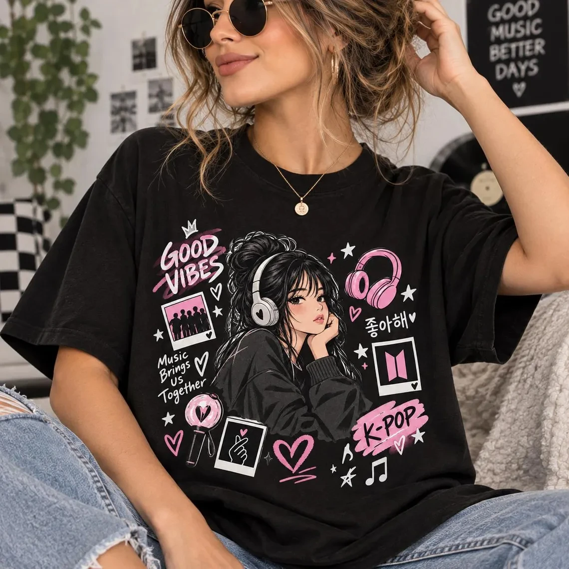 K-Pop Good Vibes Graphic T-Shirt Cute Anime Girl Headphone Print Music Lover Fans Women's and Kids High Quality Short Sleeve Tee