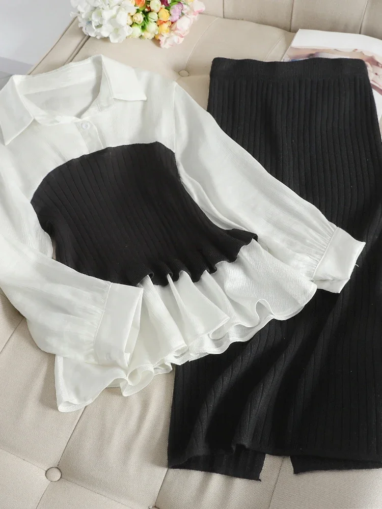 2024 Spring Fashion Two Piece Set Women Blouse Patchwork Pullover Knitwear And Split Slim Knit Mid Skirt Women's Elegant Suits