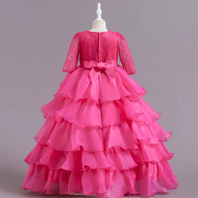 Fashion Bow Children Bridesmaid Dresses Lace Solid Color Short Sleeve Kids Dresses for Girls Summer Girls Party Dress 3-10 Years image 2