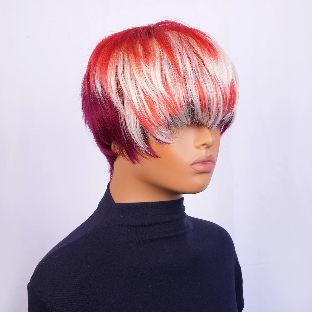赤いハイライト入りブラジル人毛ショートピクシーカットウィッグ鮮やかなカラフルなレイヤードバングフルマシンメイドウィッグ
