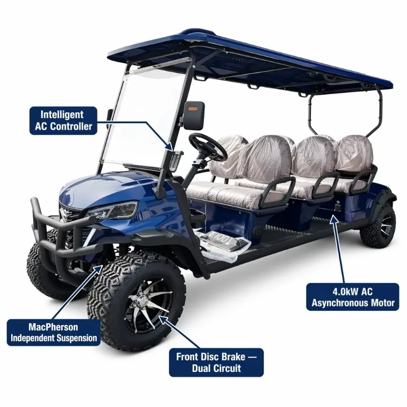 All Terrain Off Road Electric Golf Cart 6 Seater 4.0kW AC Motor 35KM/H 90km Range Golf Buggy For Mountain Resort Scenic Spot