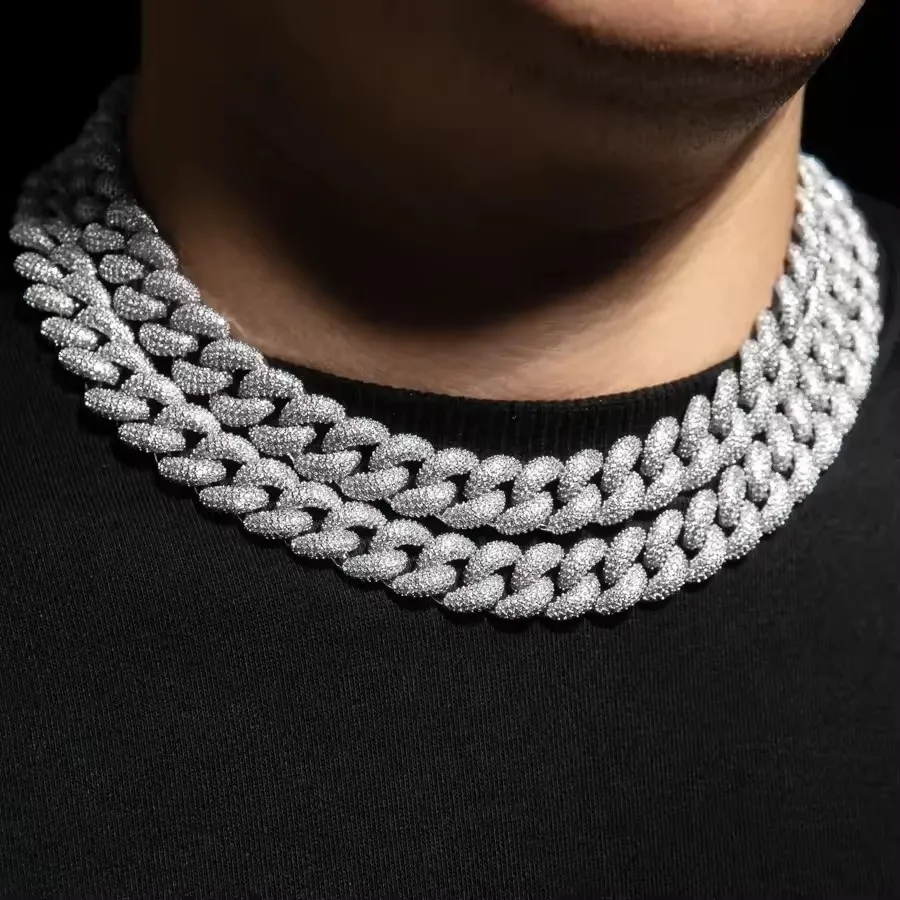 2025 High Quality Iced Out Bling 15mm Width Round Full Paved Cuban Link Chain Bracelet Necklace Hip Hop Men Jewelry