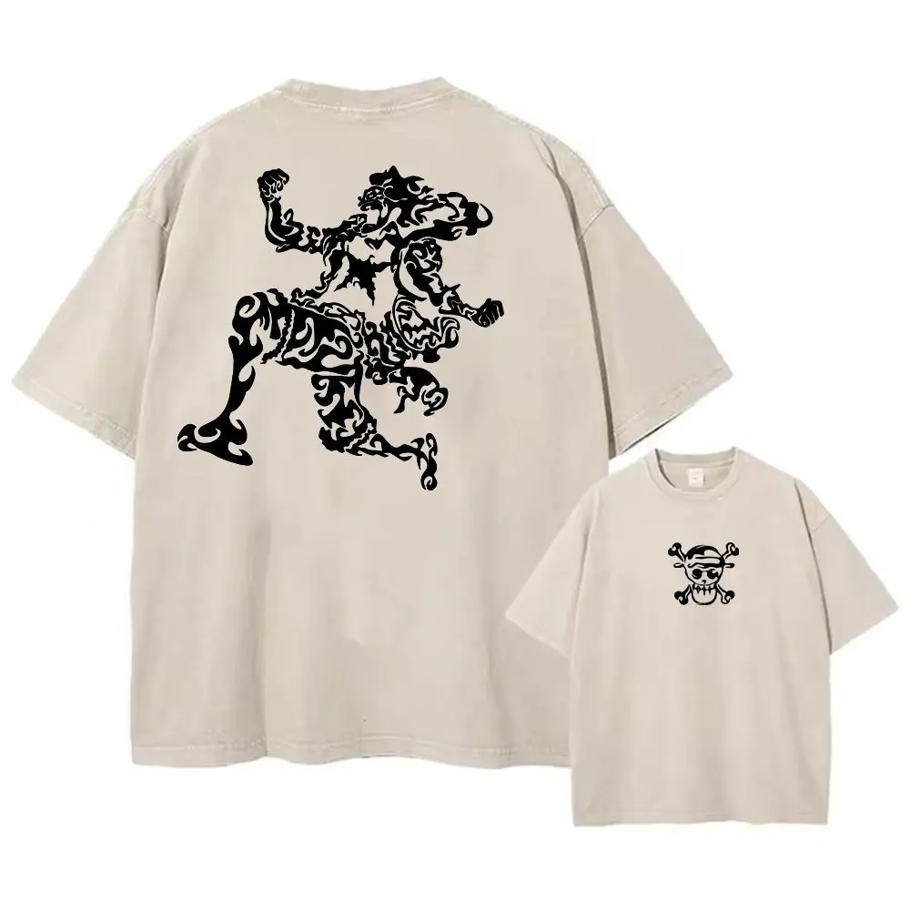 Een Stuk Anime Print Gewassen T-shirt Mannen Hip Hop Streetwear Oversized Vrouwen Korte Mouwen Grafische Tee Zomer Harajuku Casual Top - afbeelding 1