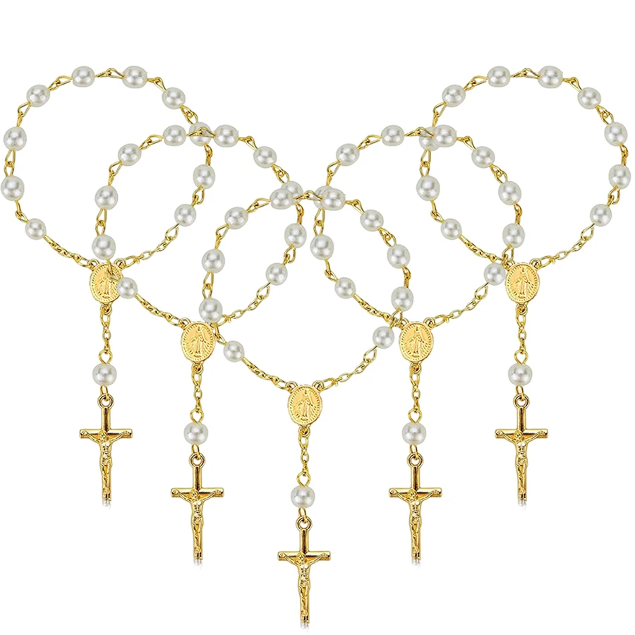 1/3/5 Piezas de Pulseras Blancas con Cruz de Perlas de Imitación - Elegantes Recuerdos para Bautizos y Regalos Religiosos para Fiestas
