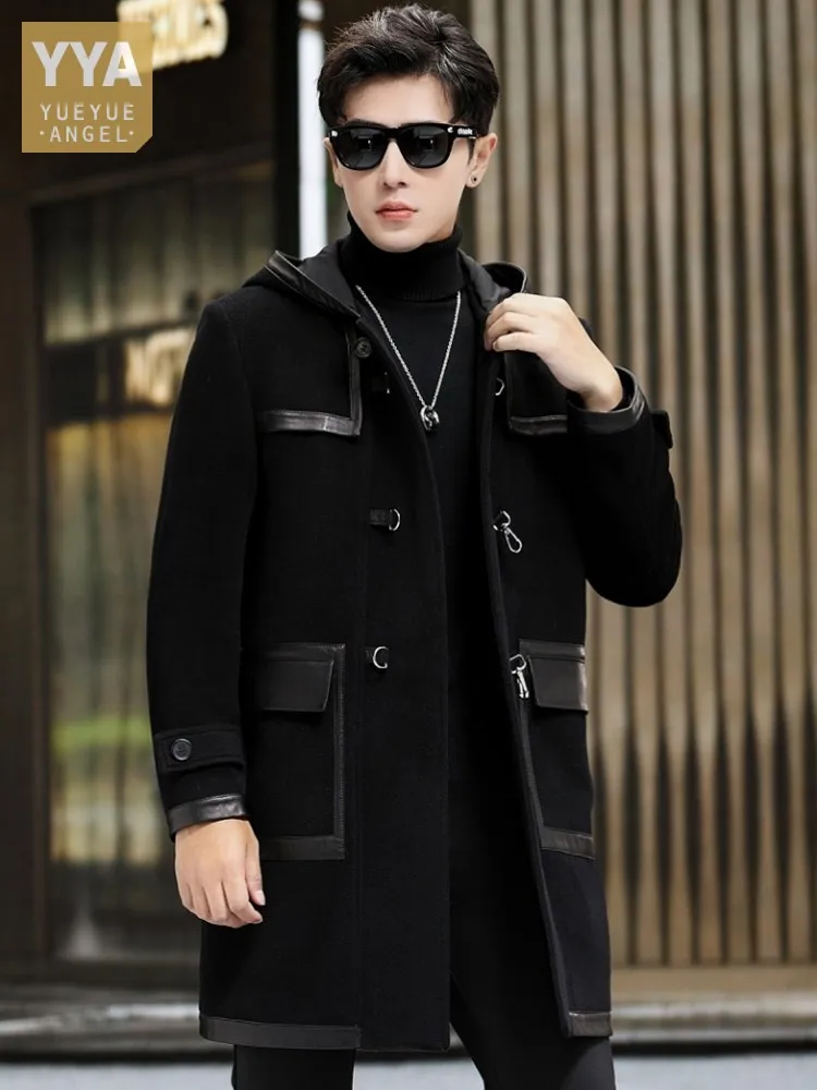 Preppy Style Winter Mens Long Real Wool Coat New Spliced Sheepskin Trench Autumn Winter Casual Hooded Natural Sheep Fur Overcoat