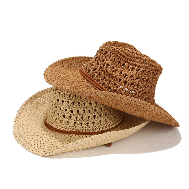 New Handmade Weaving Western Cowboy Straw Hat with Hollow Breathable Sunshade cap for Outdoor Beach Travel