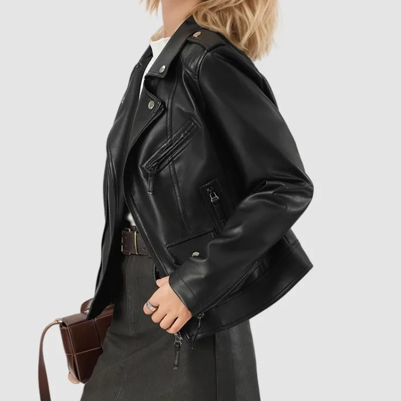 Giacca corta in pelle da donna di nuovo stile Vita che dimagrisce Giacca aderente in stile americano alla moda in giacca nera autunnale