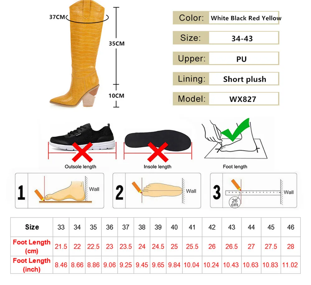 Fashion Knee High Boots Western Cowboy Boats for Women Long Winter Pointed Toe Cowgirl Wedges Motorcycle Booties Yellow Red