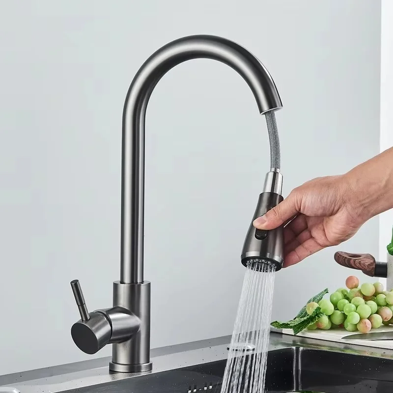 2025 two water flow modes stainless steel faucet bathroom sink single hole pull-out 360-degree rotating spout cleaning faucet