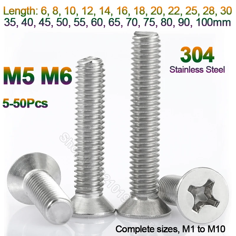 10-50pcs M5 M6 304 A2-70 Stainless Steel Cross Phillips Flat Countersunk Head Screw Bolts Length 6 8 10 12 14 16 18-100mm GB819