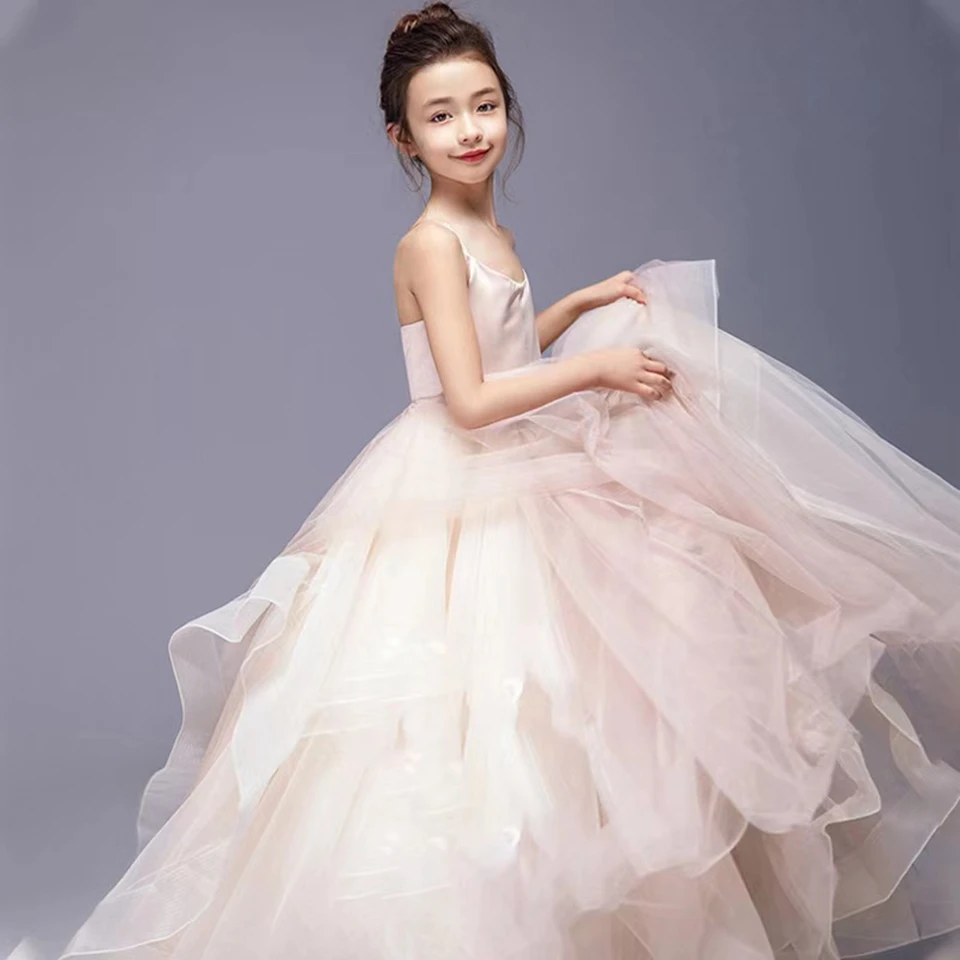 Elegante vestido de baile de tul rosa para niña, vestidos de flores para boda, sin mangas, violín Formal, competición, vestidos de primera comunión para niños