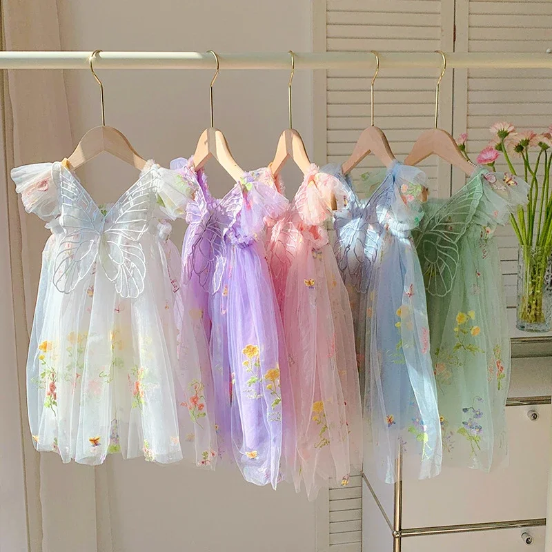 Toddler Baby Girls Tutu Dress Sleeveless Embroidery Floral Print Tulle Dress Little Girl Princess Dresses with Back Butterfly