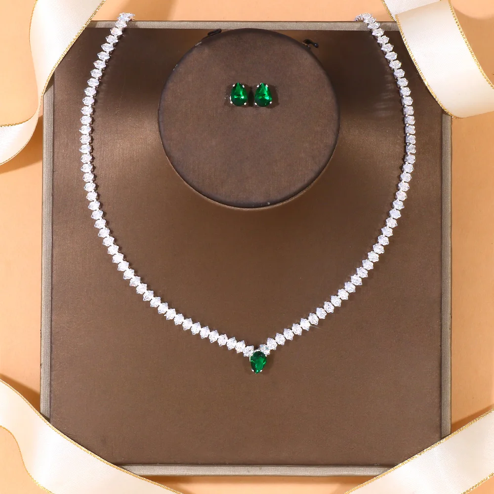 Stonefans Fashion Green Crystal Necklace Set Wedding Accessorie 2022 New Zircon Chain Bridal Jewelry Sets African for Women Gift