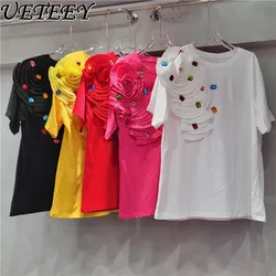 2024 Nuova Estate Coreano Fiori Squisiti T-shirt a maniche corte da donna Moda Kawaii Pieghettato Allentato Dritto Top Bianco T-shirt