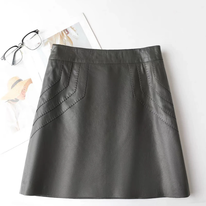 Minifalda de cuero auténtico para mujer, minifalda corta Sexy en forma de A con parte delantera, 100% de piel de oveja de gama alta, moda 2025