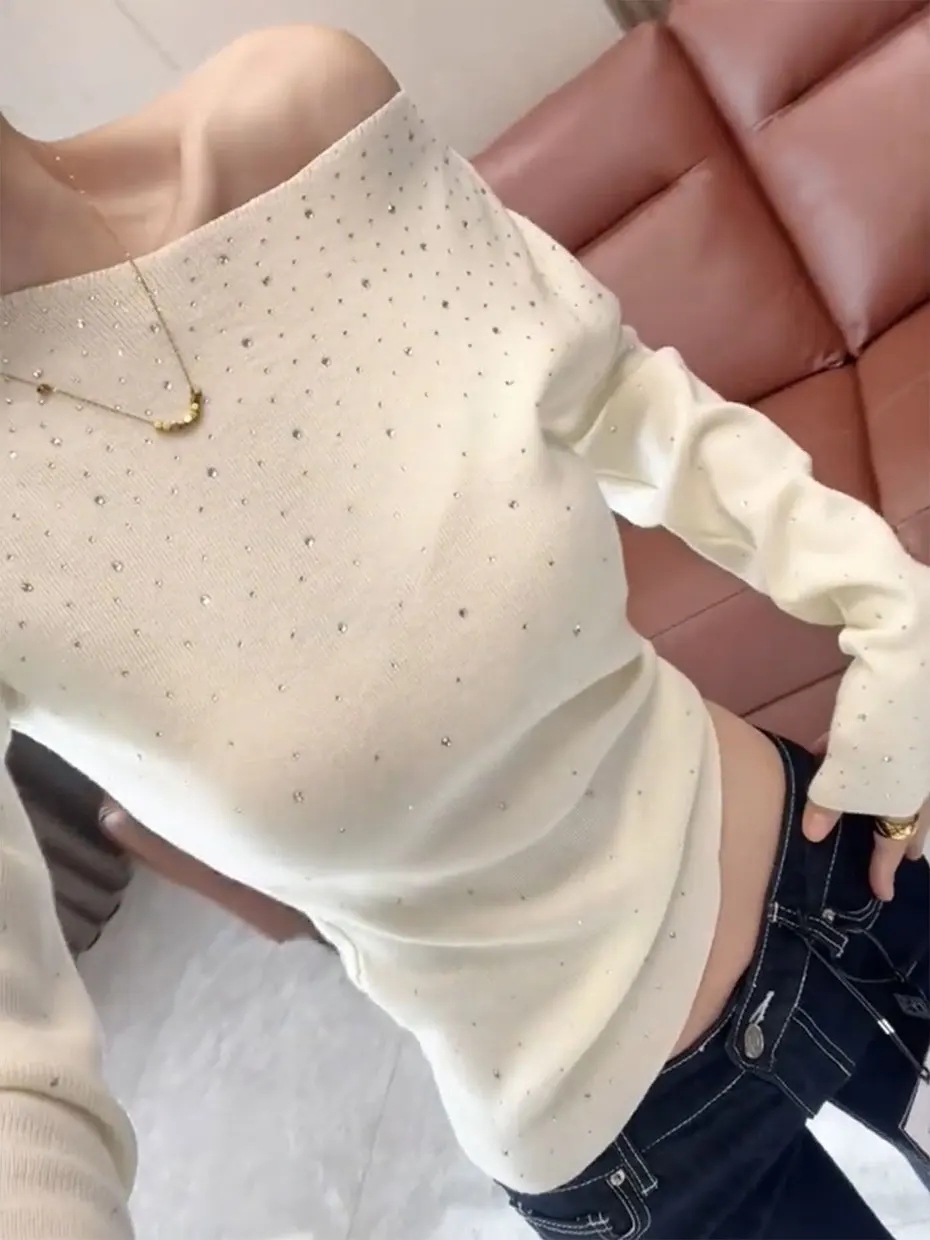 

Korean Style Heavy Duty Rhinestone Shoulder Bared Knitted Sweater Women's Autumn Winter Slim Fit Base Shirt Fashionable Fur I...