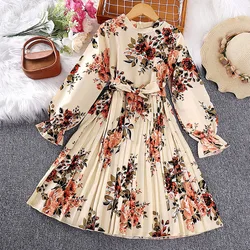 Korean Style Dress Spring Autumn Casual Clothes Sets For Children Beige White Long-Sleeved Flower Dress Elegant Classic Style
