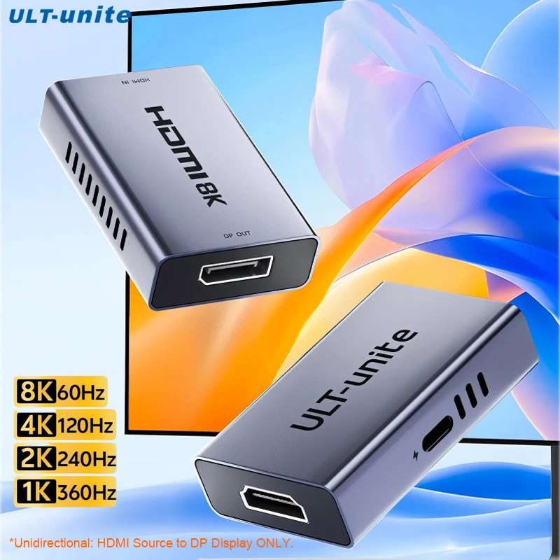 Active HDMI to DP Converter 8K 60Hz, 4K 144Hz 1080P 360Hz, USB-C Powered, G-Sync VRR, for PS5 Xbox PC Monitor HDMI to DP Adapter