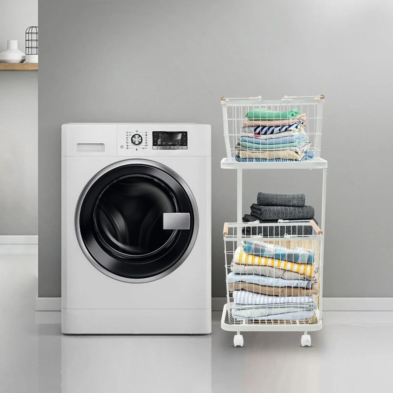 Cesta para la ropa sucia hueca de 2 niveles con ruedas universales lisas, espacioso para ropa sucia, liviana y resistente para el baño