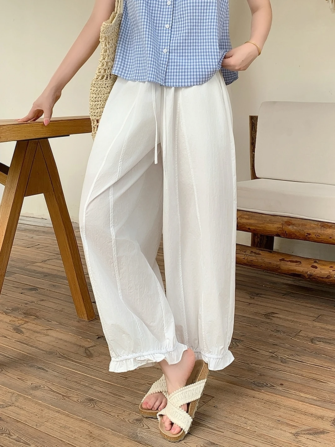 High Waist Loose Wide Leg Casual Pants Women Summer 2026 plus Size Flattering Elastic Ear Trim Nine Points Pants Commute Style