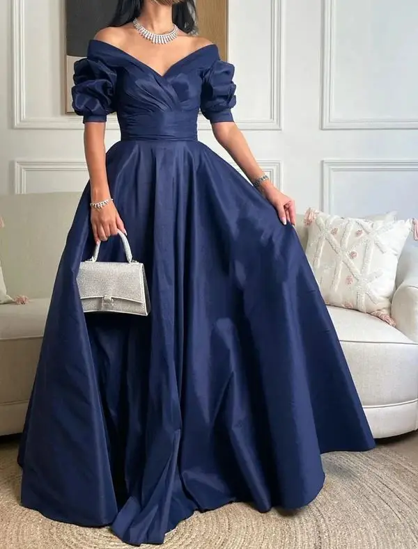 Long Evening Dresses Off Shoulder Satin Prom Gowns Short Sleeves Pleats Empire Waist A Line Evening Gowns Custom made