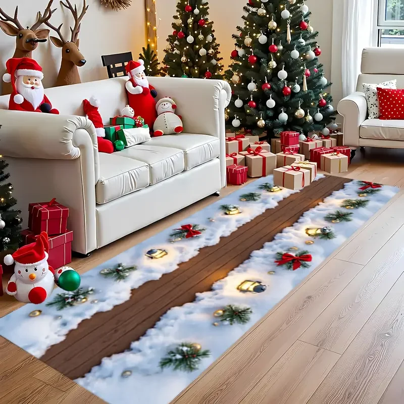 Winter Christmas Decoration Runner Pad Rug 3D Visual Effects Snow Christmas Tree Pattern Easy Cleaning Home Decoration Floor Mat