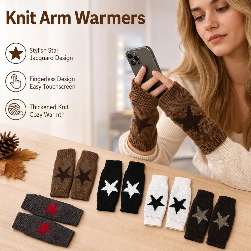 Fingerless Knit Wrist Warmers Black and White Star Pattern Arm Sleeves Soft Polyester Hand Warmers with Thumbhole for Typing Gam