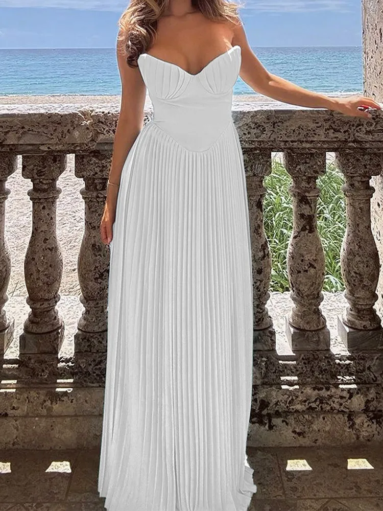 Elegant Women Wrap Chest Pleated Evening Dresses Chic Off Shoulder Sleeveless Slim Fit Maxi Dress Summer Lady Formal Party Dress