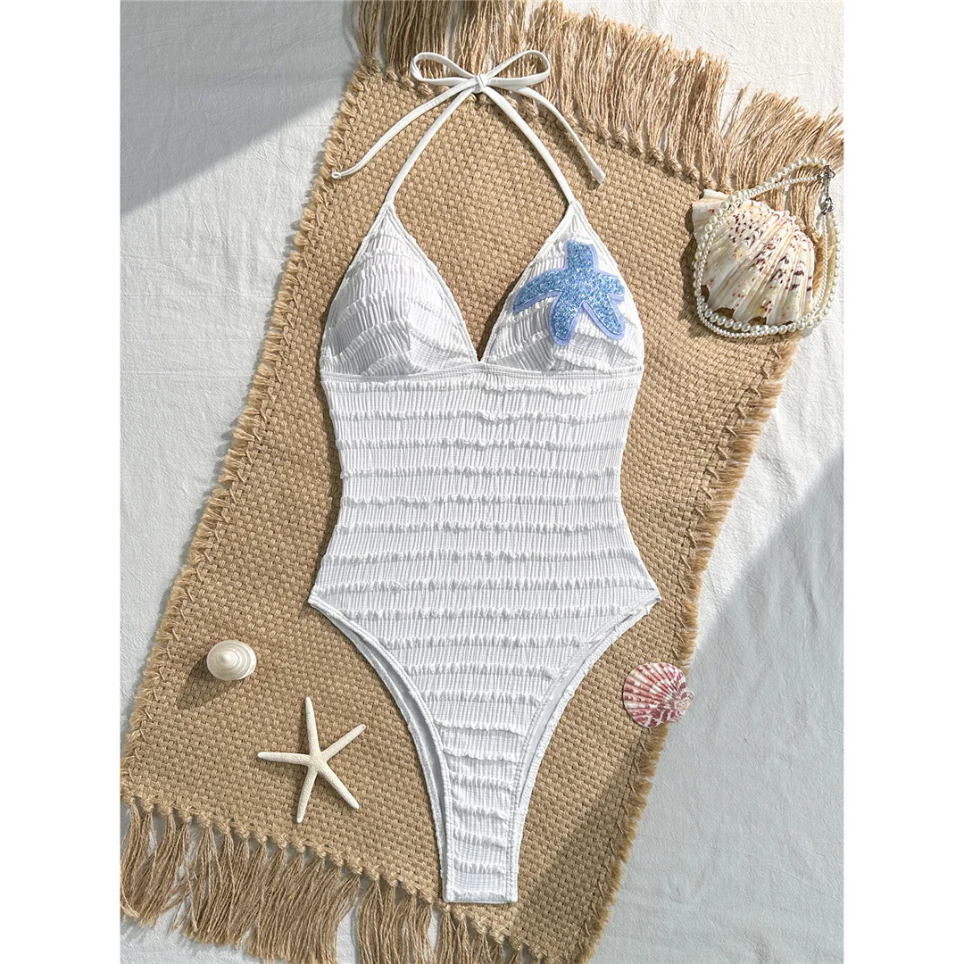 Neuer einteiliger Badeanzug mit V-Ausschnitt und Neckholder, bedruckt mit Seesternmotiv, Damen-Badebekleidung, Damen-Badeanzug mit gerafftem, hoch geschnittenem Beinausschnitt, Badeanzug, Modell V8431. – Detail 5