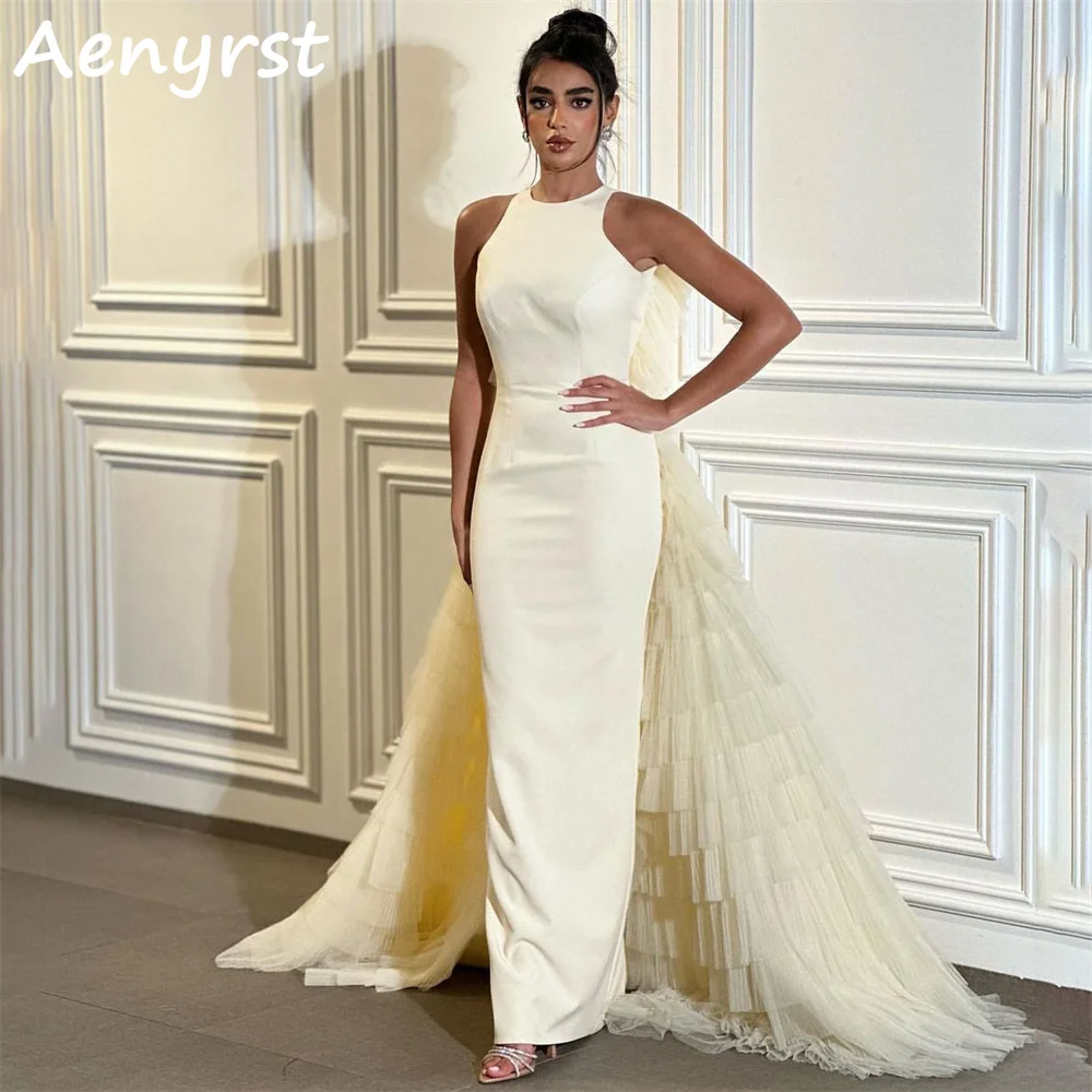 Aenyrst Elegant Satin Mermaid Evening Dresses Open Backless Tulle Tierd Train Prom Gowns High Collar Party Dress فساتين السهرة