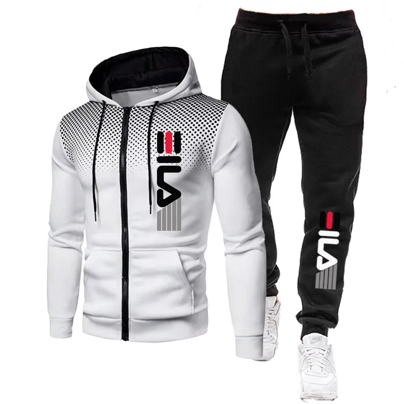 2 Piece Jogger Suits Mens Autumn Long Sleeve Zipper Print Hoody Coat and Long Sweatpants Male Outdoors Sport Tracksuits