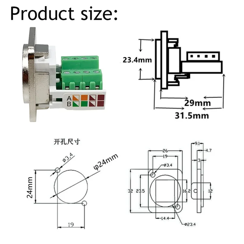 ABFKL RJ45 Panel Mount Screw Terminal Adapter, RJ45/8P8C Panel Mount Connector,D-Type RJ45 Female Solderless Terminal