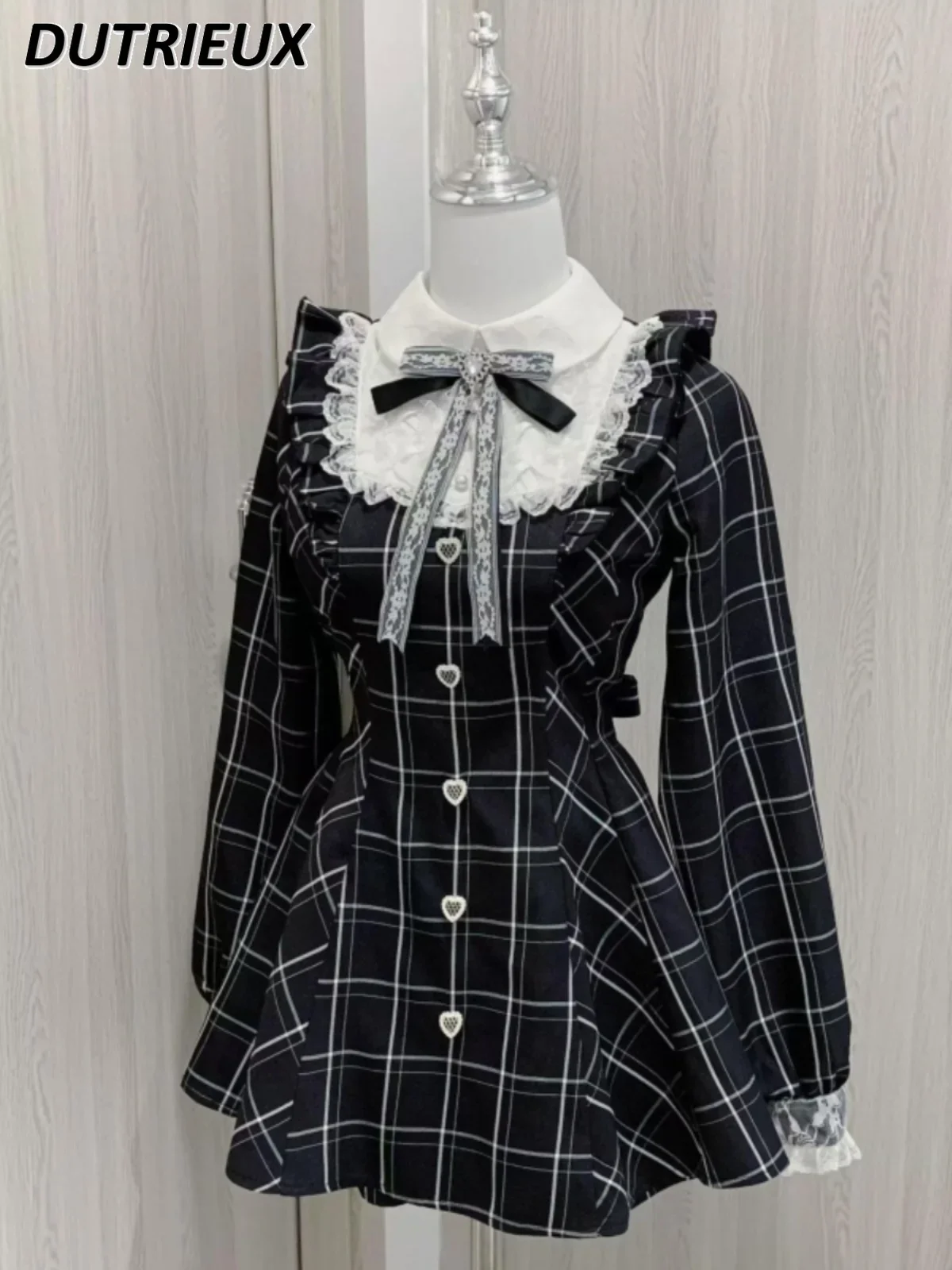 Spring Autumn Women\'s Dresses Japanese Style Retro Plaid College Uniform Bow Splicing Lace Waist Slim Long Sleeve Dress for Lady