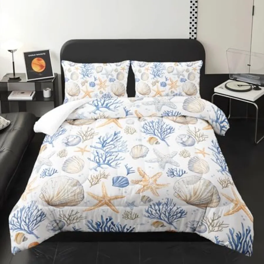 

Blue Coral Shell Starfish Comforter 3Pcs Wild Ocean Animal Underwater World Bedding Set for Kid Teen Boy Girl Adult Nautical Co