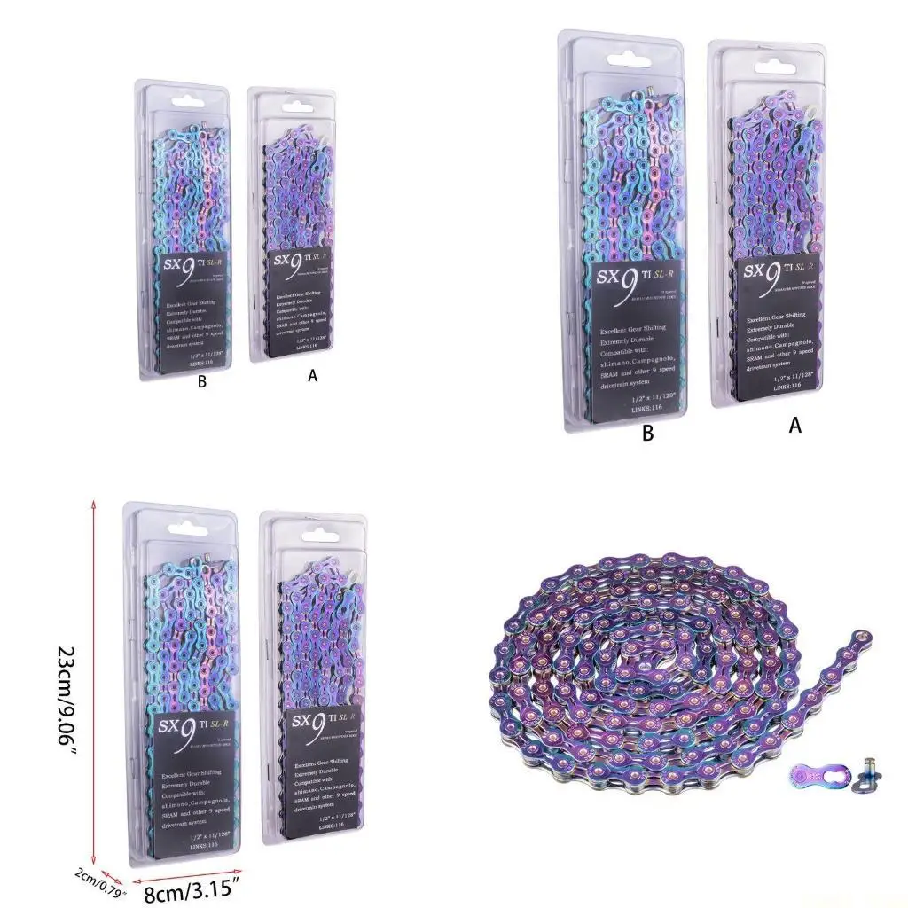 

U2JB 9-скоростная цветная велосипедная цепь, полуполая, прочная, недостающее звено, радужная SLR для MTB, горно-дорожный 116