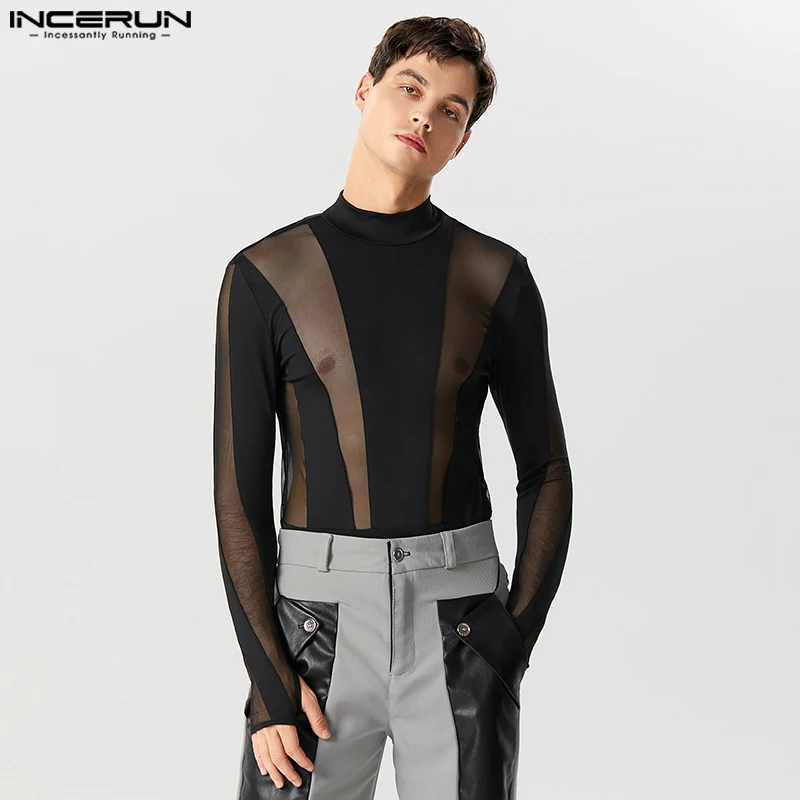 Men Bodysuits Mesh Patchwork Turtleneck Long Sleeve Sexy Rompers T Shirts Streetwear 2023 Transparent Fashion Bodysuit INCERUN