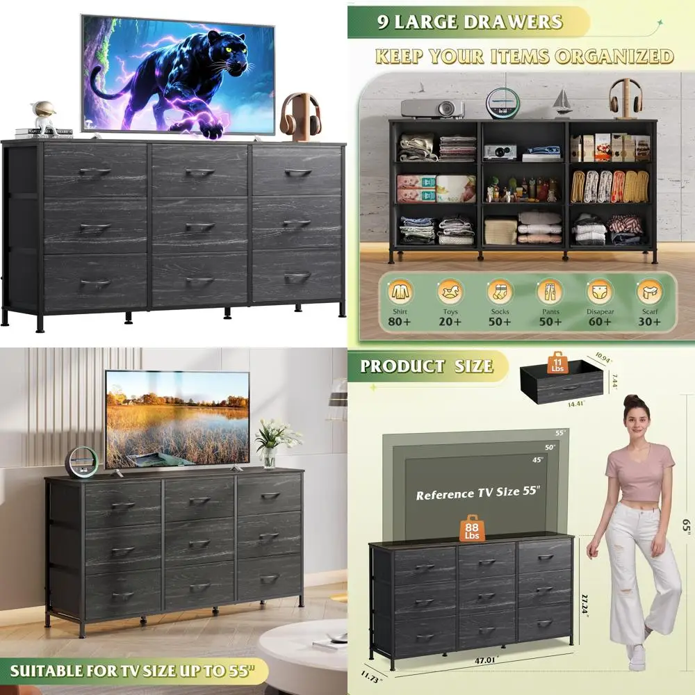 خزانة غرفة نوم سوداء بعرض 47 بوصة مع حامل تلفزيون لأجهزة التلفاز مقاس 45-55 بوصة، تتميز بـ 9 أدراج للتخزين الكافي