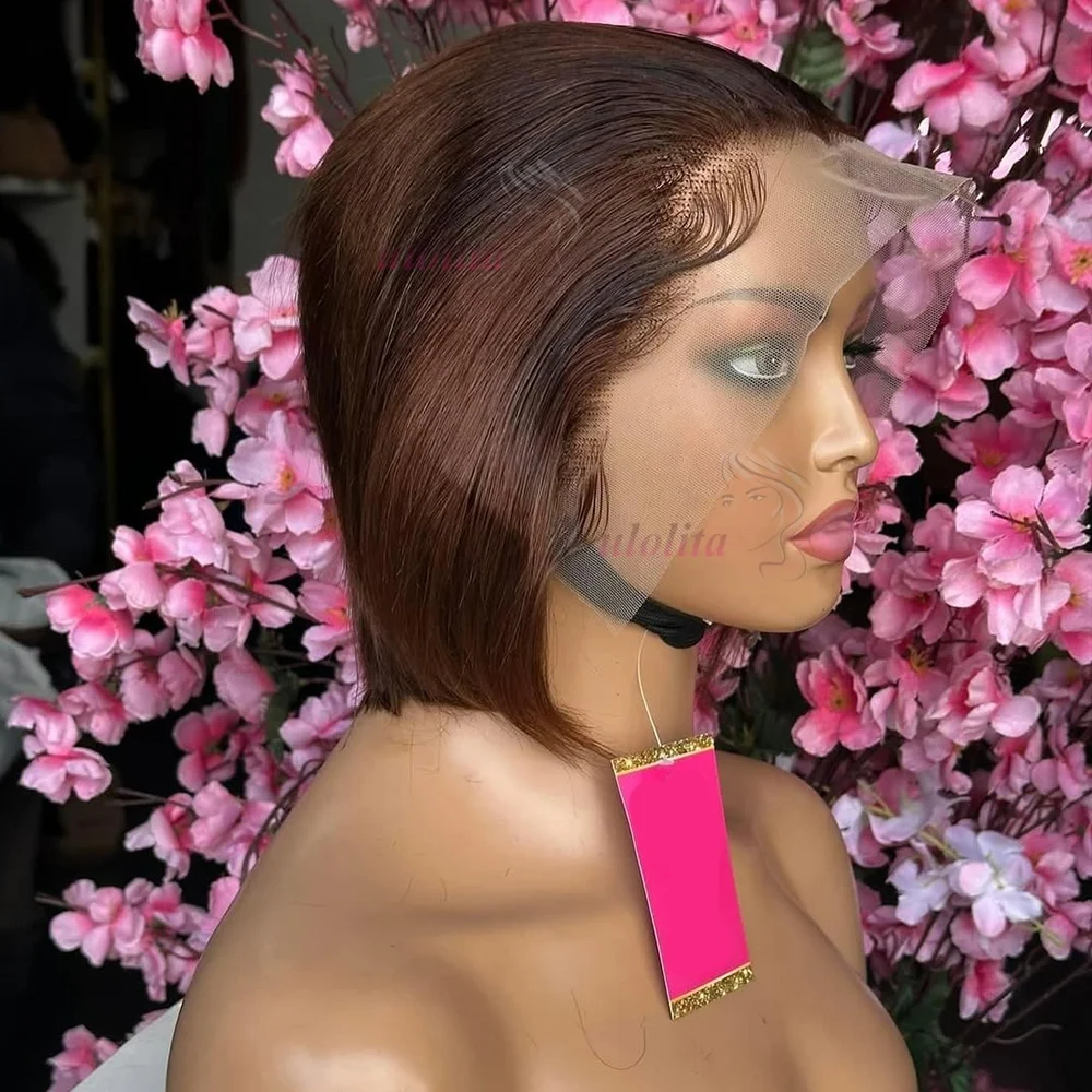 Ombre T1B/4 Braun Kurze Pixie-Cut-Perücken für Frauen Echthaar 200% Glatt Schokoladenbraun Lace-Front-Bob-Perücke Brasilianisches Remy-Haar – Detail 9