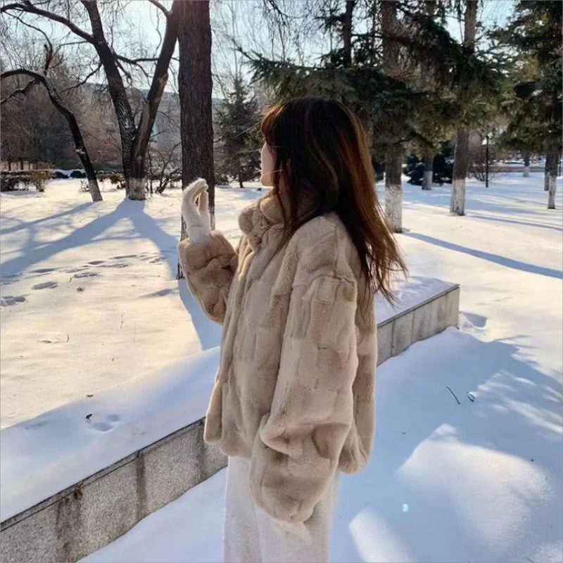 2024 Autumn/Winter Thickened Rex Rabbit Fur Grass Coat Standing Collar Imitation Lamb Hair Loose Mink Fleece Coat for Wom