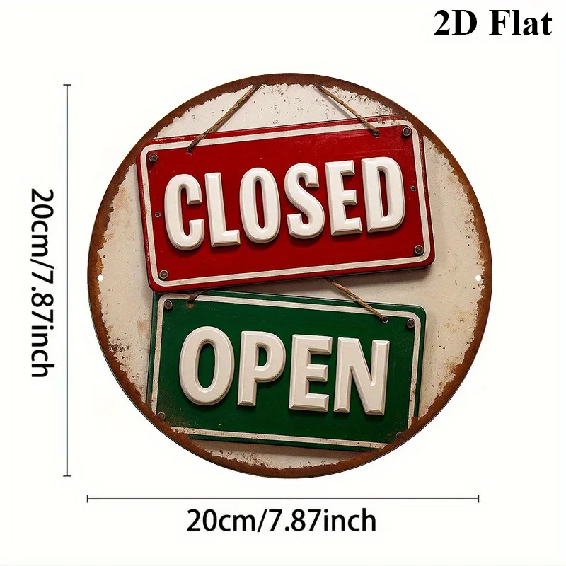 Vintage Decorative Sign Measuring 20.32X20.32 Cm, Featuring a Round Aluminum Plaque with The Words 'CLOSED OPEN',