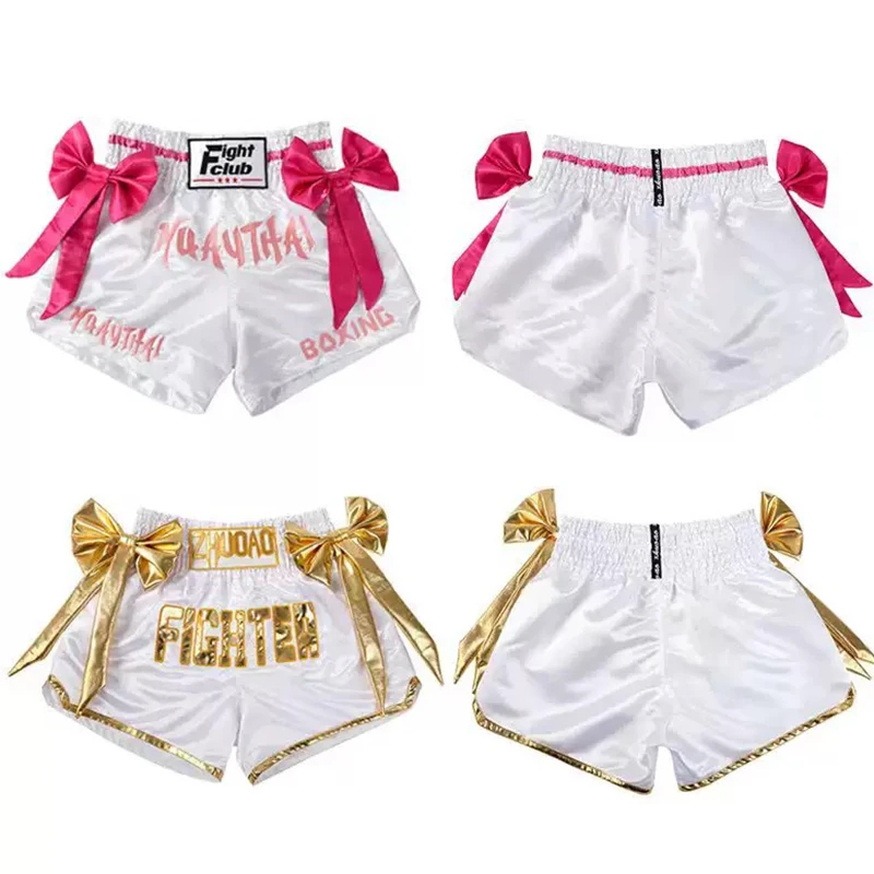Muay Thai Shorts Gold Bow Ribbon Men Women Kids Premium Kickboxing Fight Shorts Martial Arts Performance Boxing Training Pants